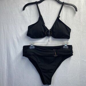 High Waisted O-Ring String Padded Strappy Top Bikini Set Women XL Black NWOT